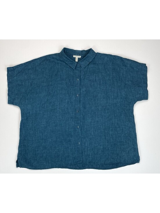 Eileen Fisher Tops - Eileen Fisher Organic Linen Short Sleeve Boxy Shirt Blouse Teal Blue 1X